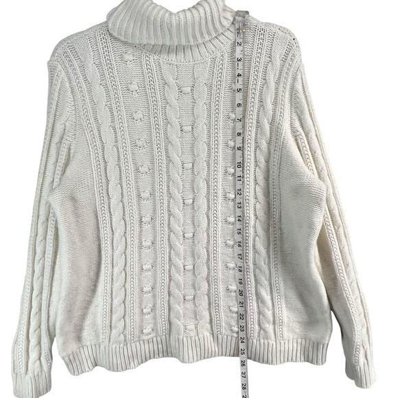 Lands End Sweater Womens L Petite Cream Cable Knit Fisherman Turtleneck Cozy - Picture 7 of 14